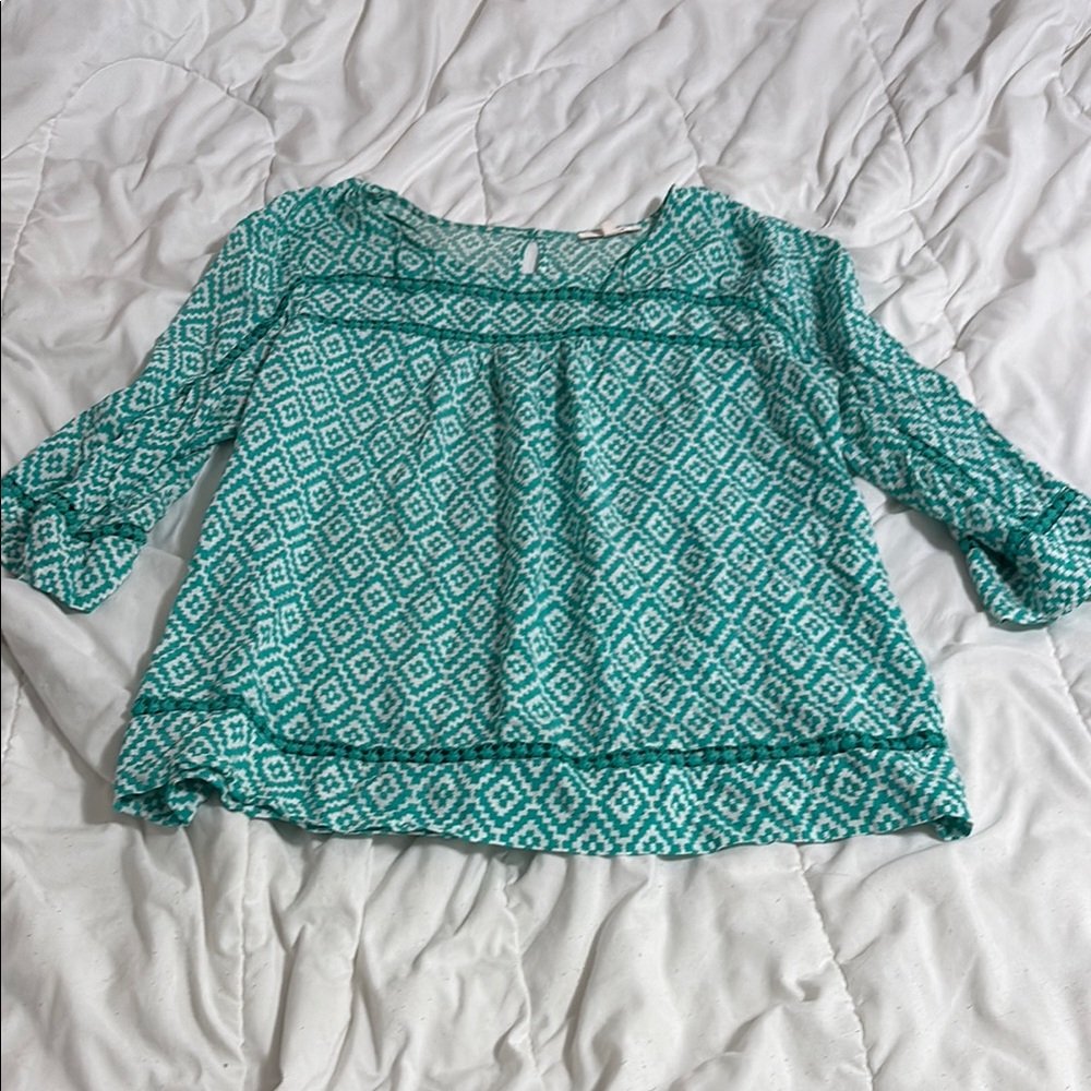 Skies Are Blue Green Blouse with 3/4 Sleeves and Relaxed Fit